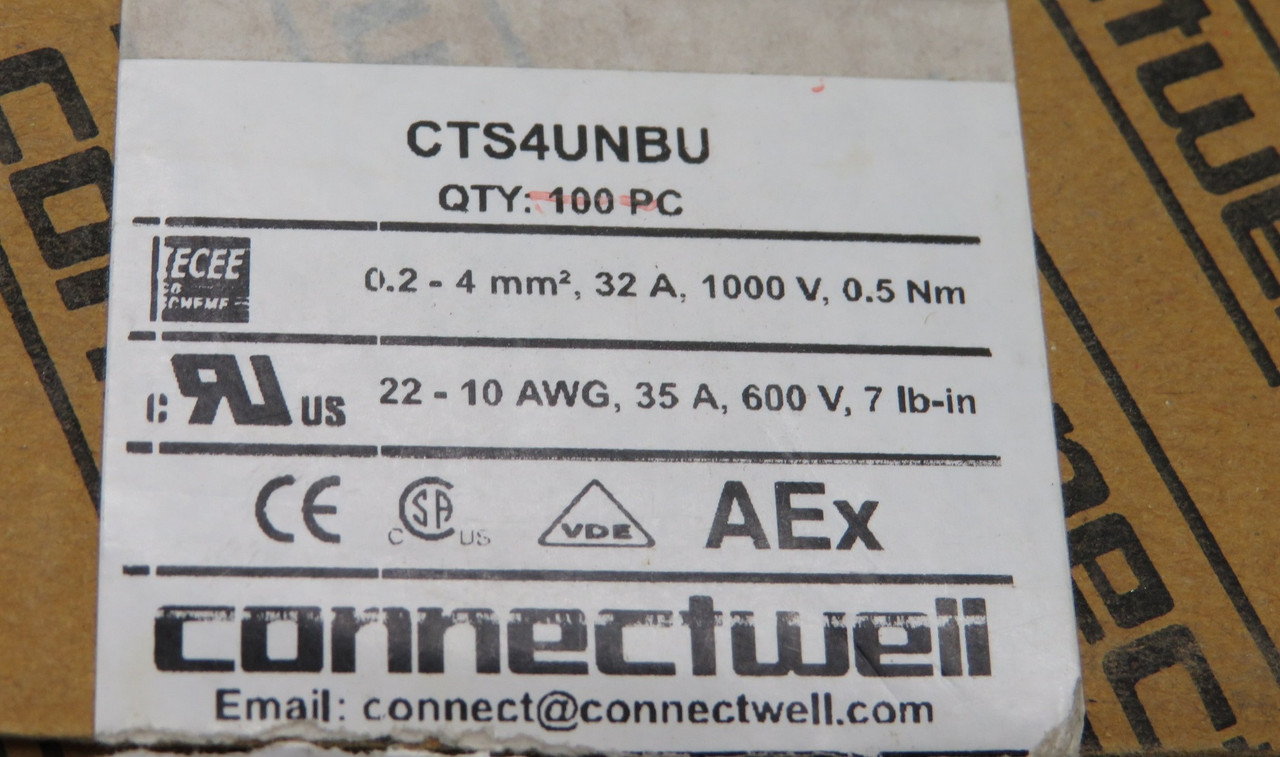 Connectwell CTS4UN/BU Blue Terminal Block 1000V 32A 22-10AWG Lot of 32 NEW
