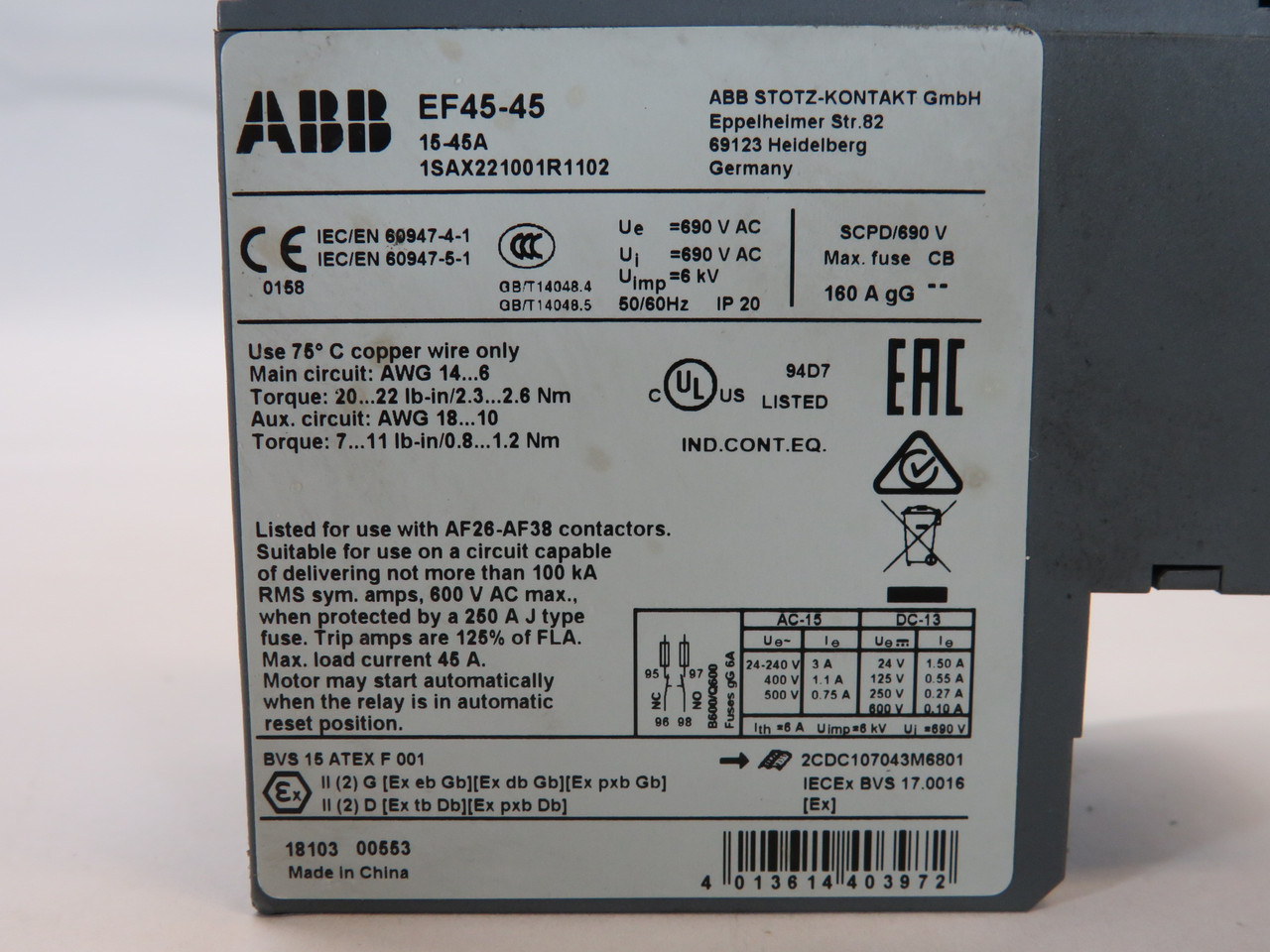 ABB EF45-45 Overload Relay 15-45A 10E/20E/30E Trip Class USED