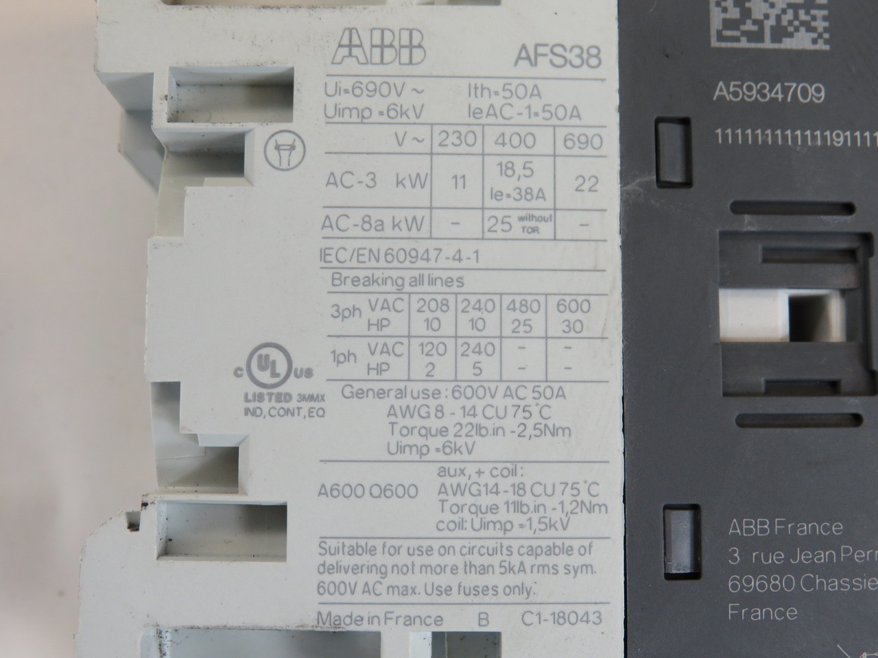 ABB AFS38-30-22-11 Contactor 24-60V 50/60Hz 20-60VDC 3P 2NO 2NC 50A USED