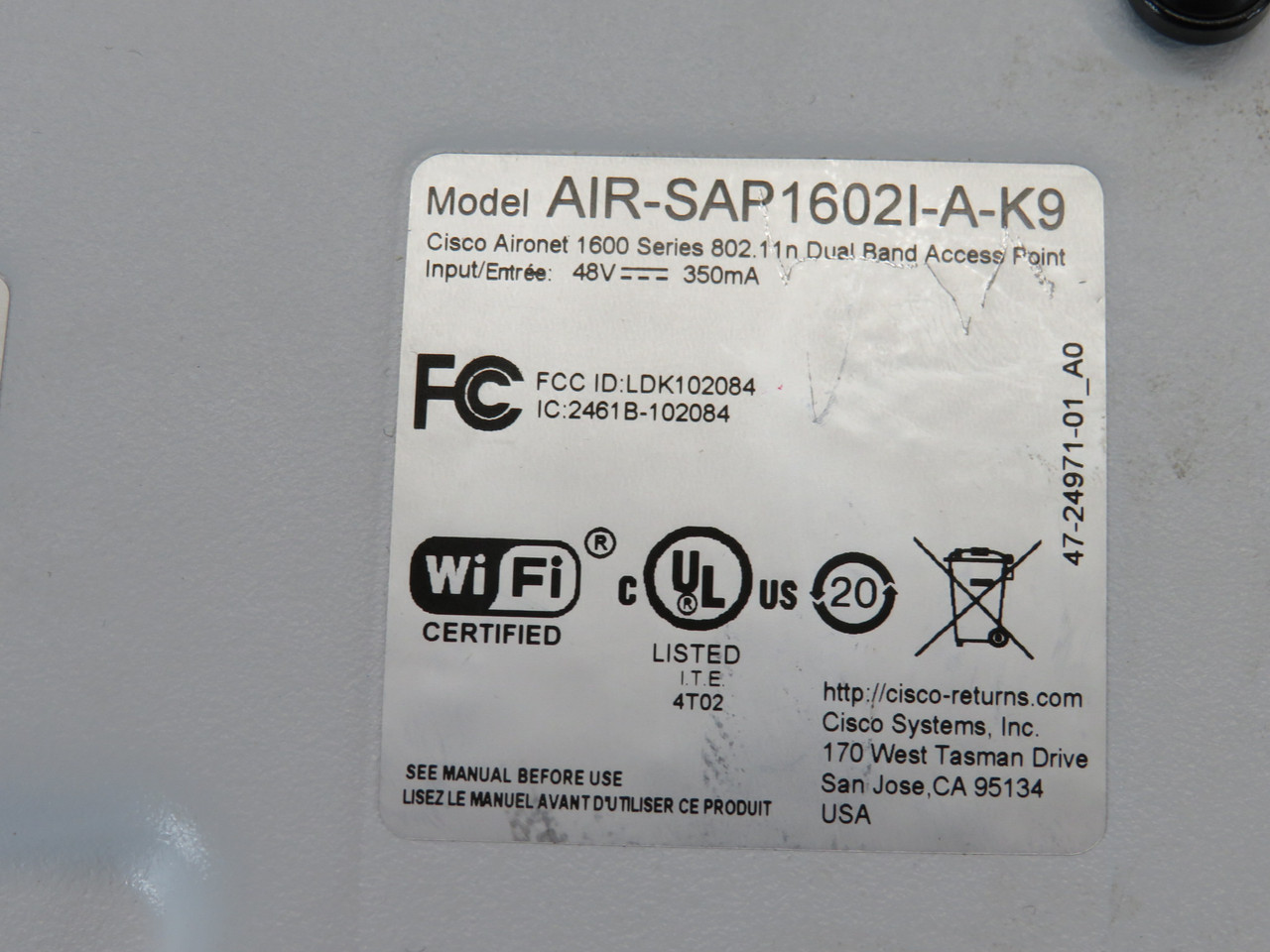 Cisco AIR-SAP1602I-A-K9 Dual Band Access Point 1600 Series 802.11n USED