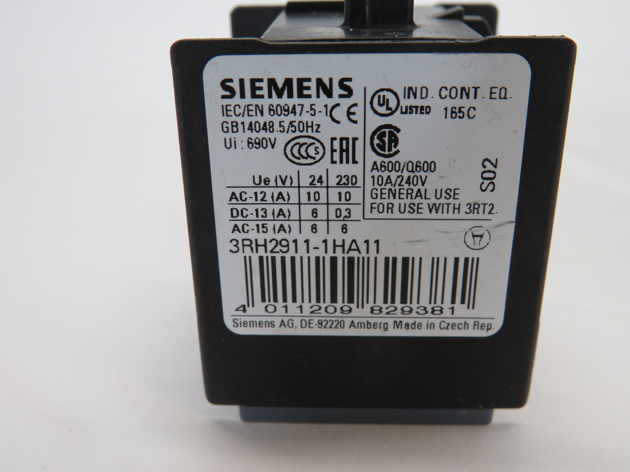 Siemens 3RH2911-1HA11 Auxiliary Switch Block 1NO 1NC 10A 240V USED