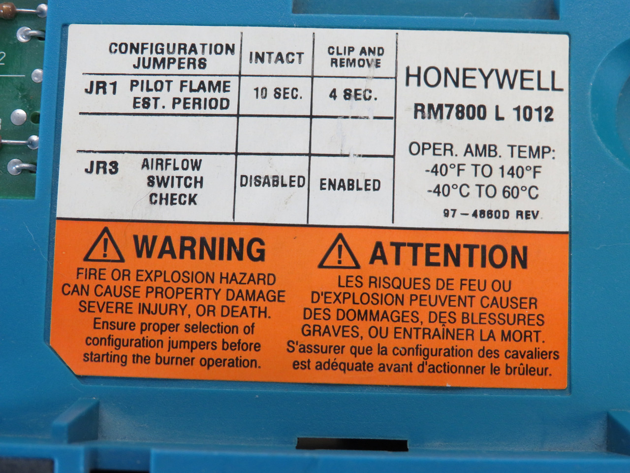Honeywell RM7800L1012 Burner Control 10 Sec Intact 4 Sec Clip & Remove USED