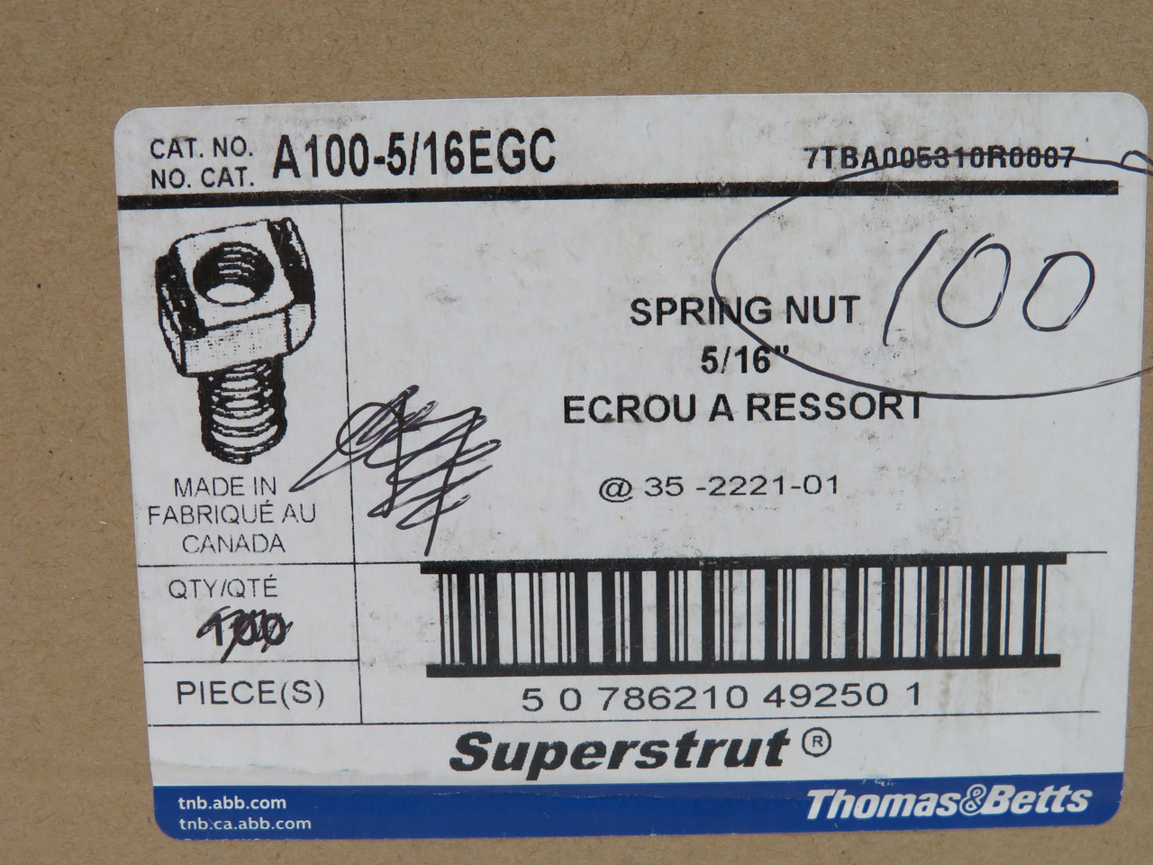 Thomas & Betts A100-5/16EGC Superstrut Spring Nut 5/16" 100-Pack NEW