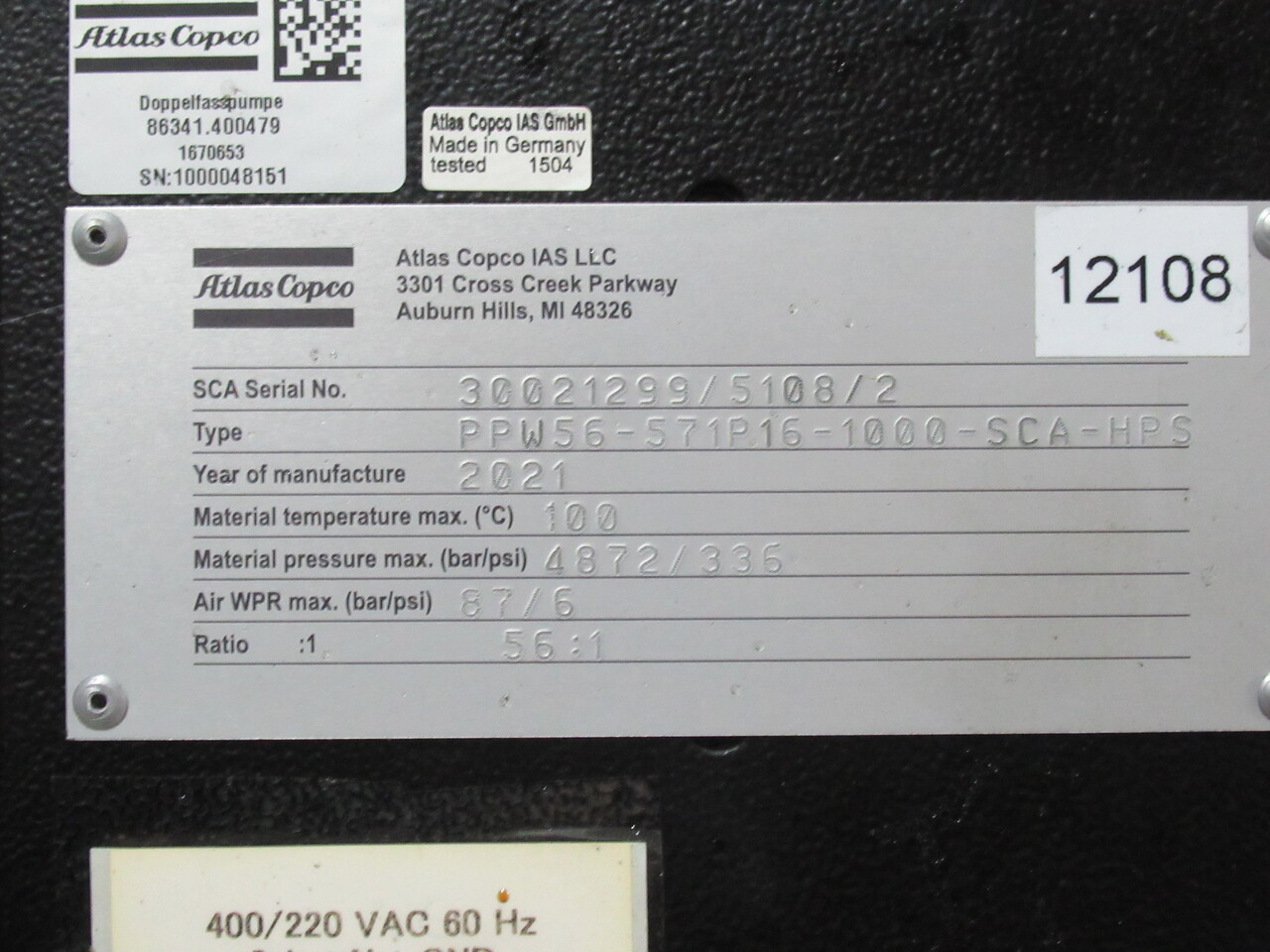 Atlas Copco PPW56-571P16-1000-SCA-HPS SCA Double Barrel Dispensing Pump USED