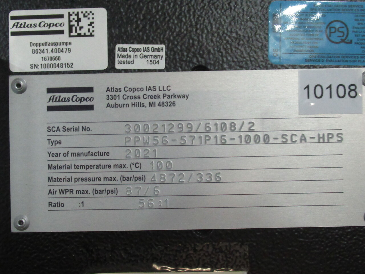 Atlas Copco PPW56-571P16-1000-SCA-HPS SCA Dispensing Pump C/W Cabinet USED