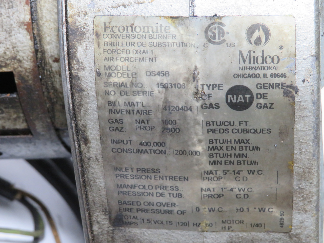 Midco DS45B Conversion Burner 1/40HP 120V SHELF WEAR/MISSING HARDWARE USED