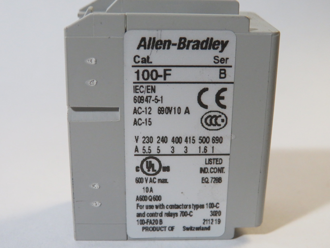 Allen-Bradley 100-FA20 Series B Auxiliary Contact Block 2NO 690V SHELF WEAR NEW