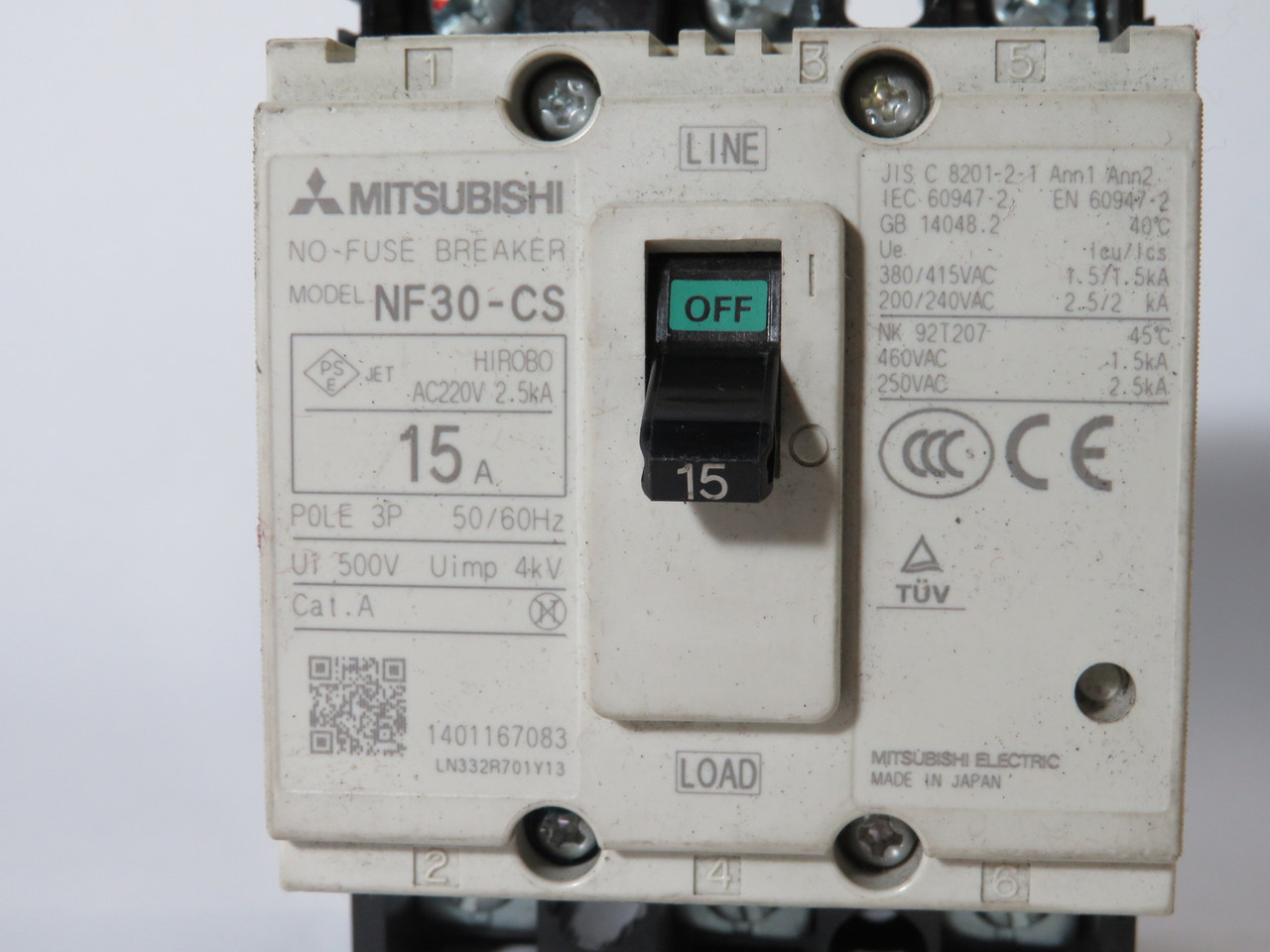 Mitsubishi NF30-CS-3P-15A Circuit Breaker 15A 500V 3-Pole USED