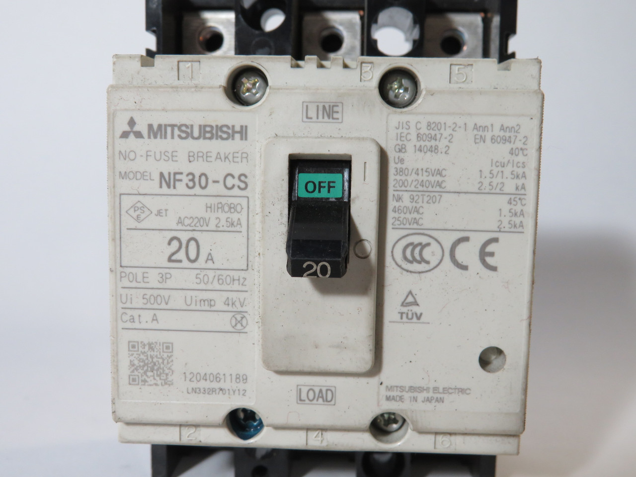 Mitsubishi NF30-CS-3P-20A Circuit Breaker 20A 500V 3-Pole NO SCREWS USED