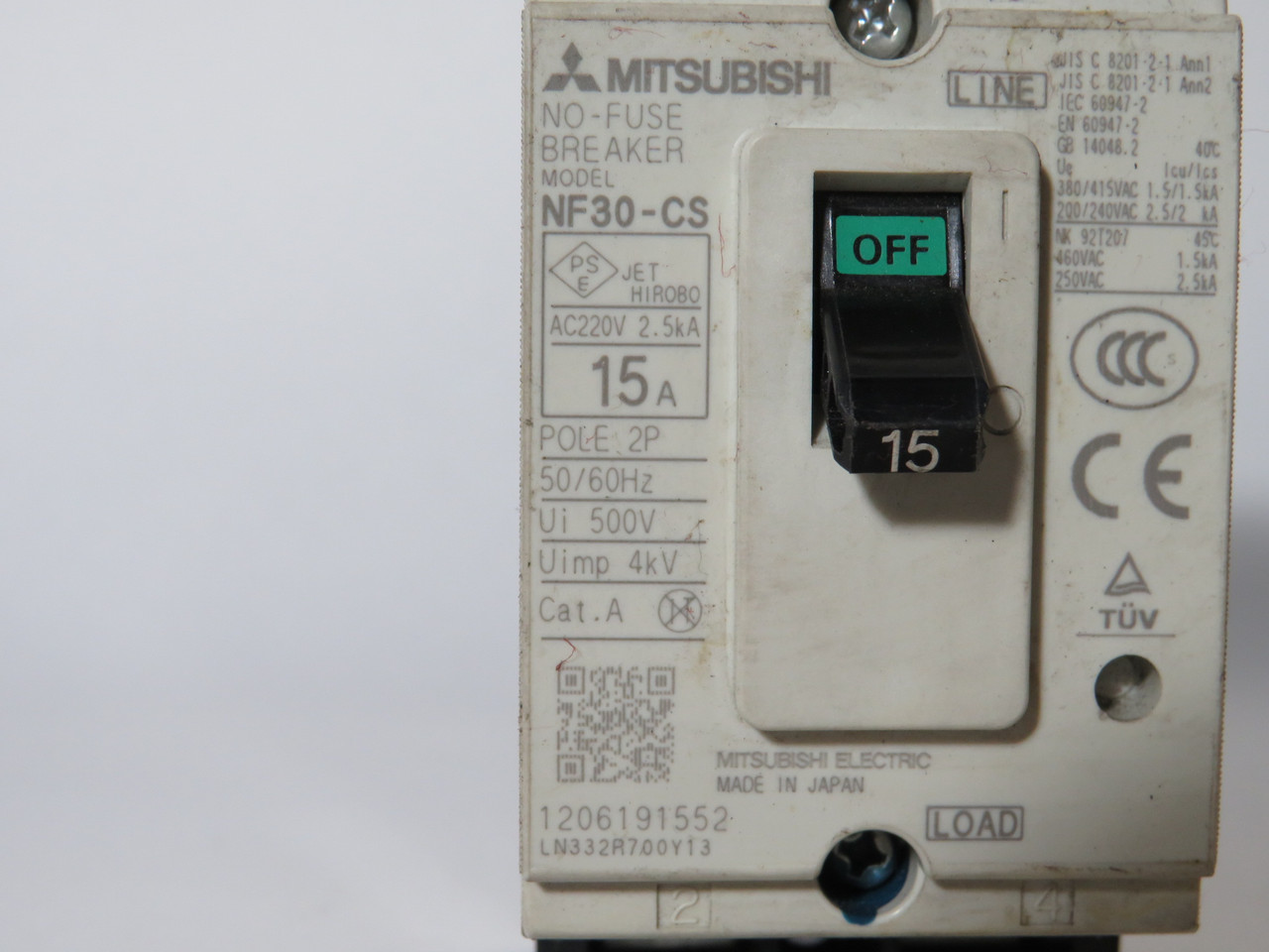 Mitsubishi NF30-CS-2P-15A Circuit Breaker 15A 500V 2-Pole NO SCREWS USED