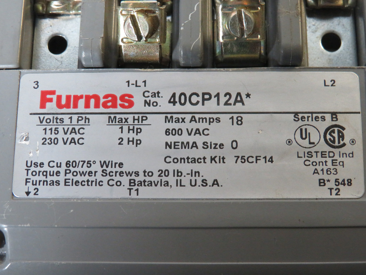 Furnas 40CP12AA Contactor 18A 110-120/220-240V 60Hz 2-Pole USED