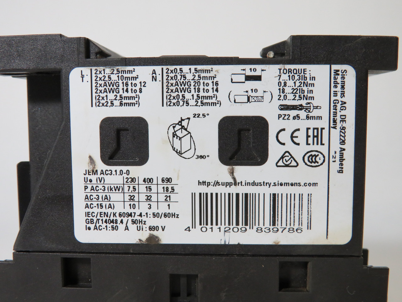 Siemens 3RT2027-1AP60 Contactor 32A 220/240V 50/60Hz 3P 1NO 1NC USED