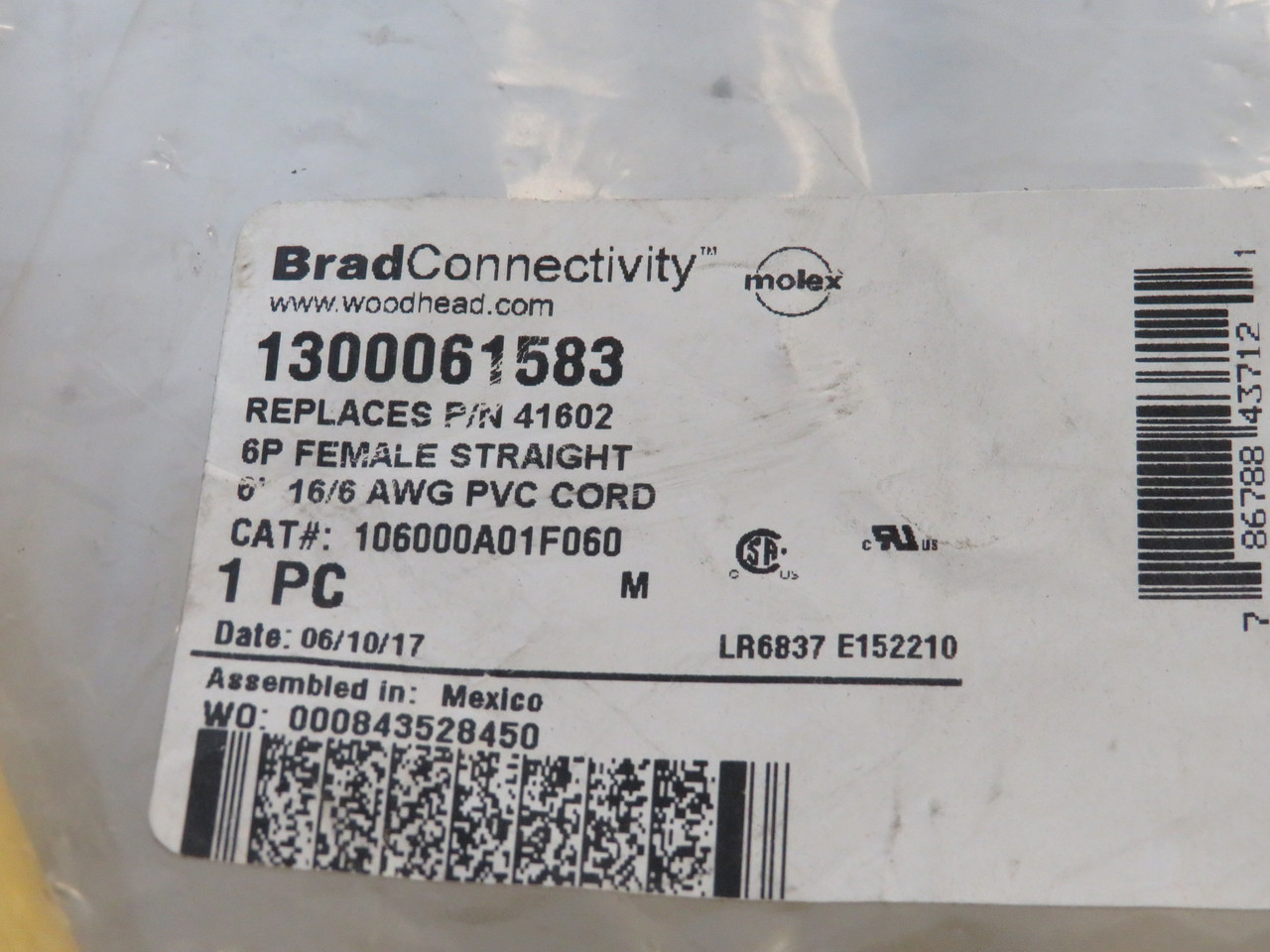 Woodhead 1300061583 Single-Ended Cordset 6-Pole 6' Length STAINED BAG NWB