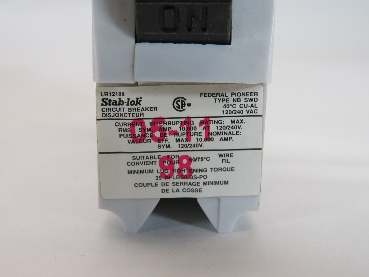Federal Pioneer NB20 Bolt-On Circuit Breaker 20A 120/240V 1-Pole White USED