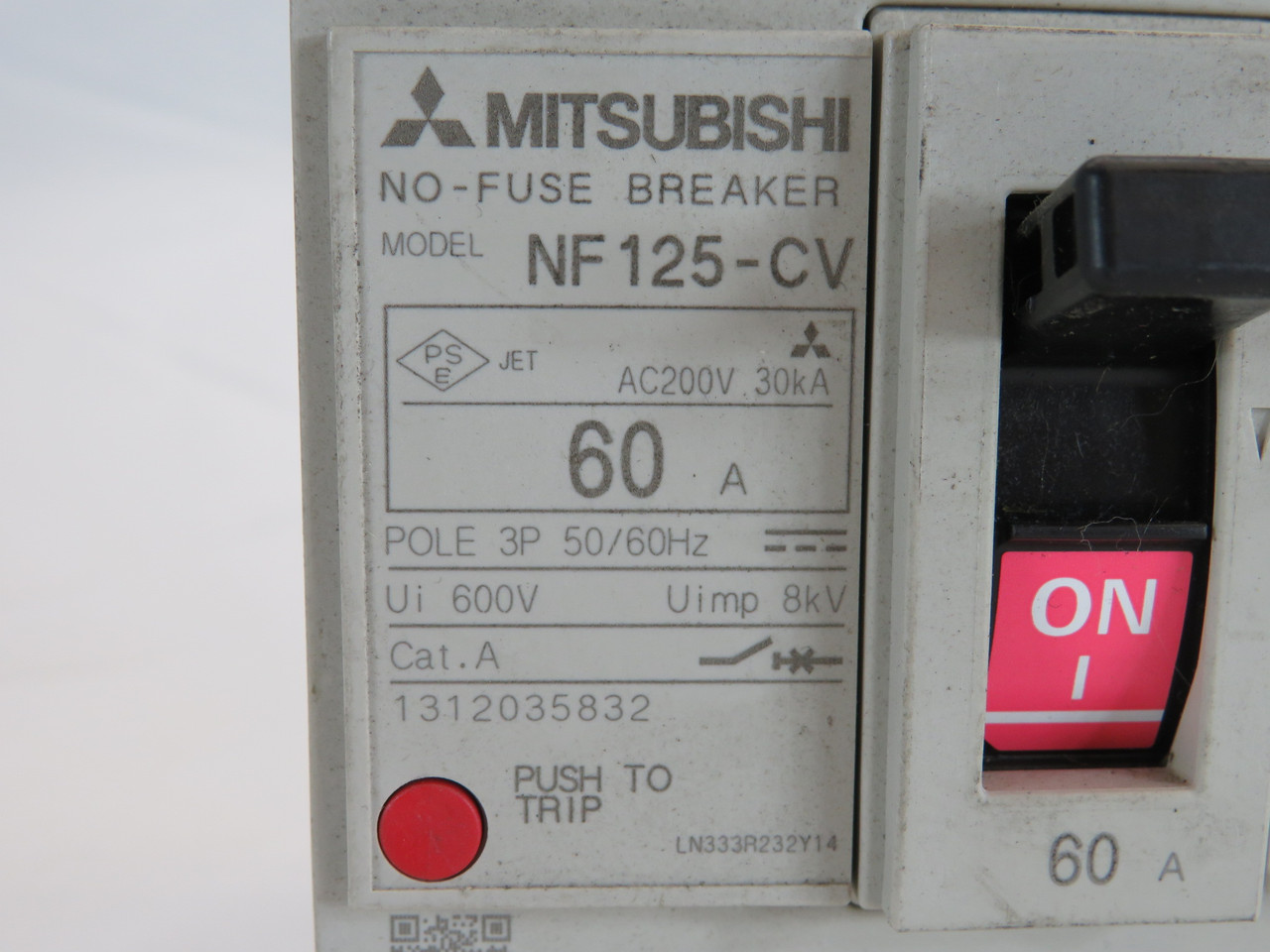 Mitsubishi NF125-CV3P60A Molded Case Circuit Breaker 60A 600V 3-Pole USED
