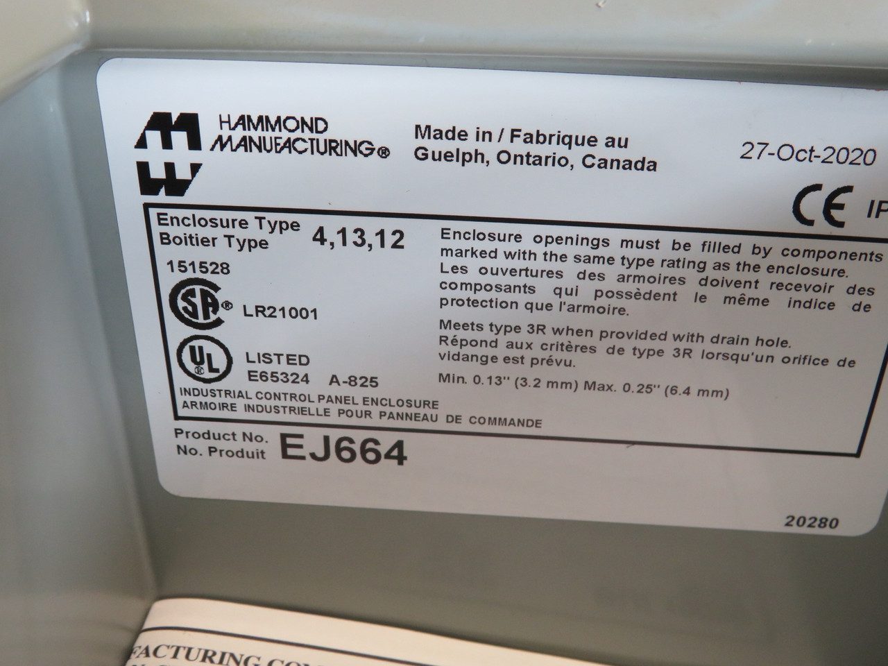 Hammond EJ664 NEMA 4 Steel Enclosure with Panel 6x6x4" BOX DAMAGE NEW