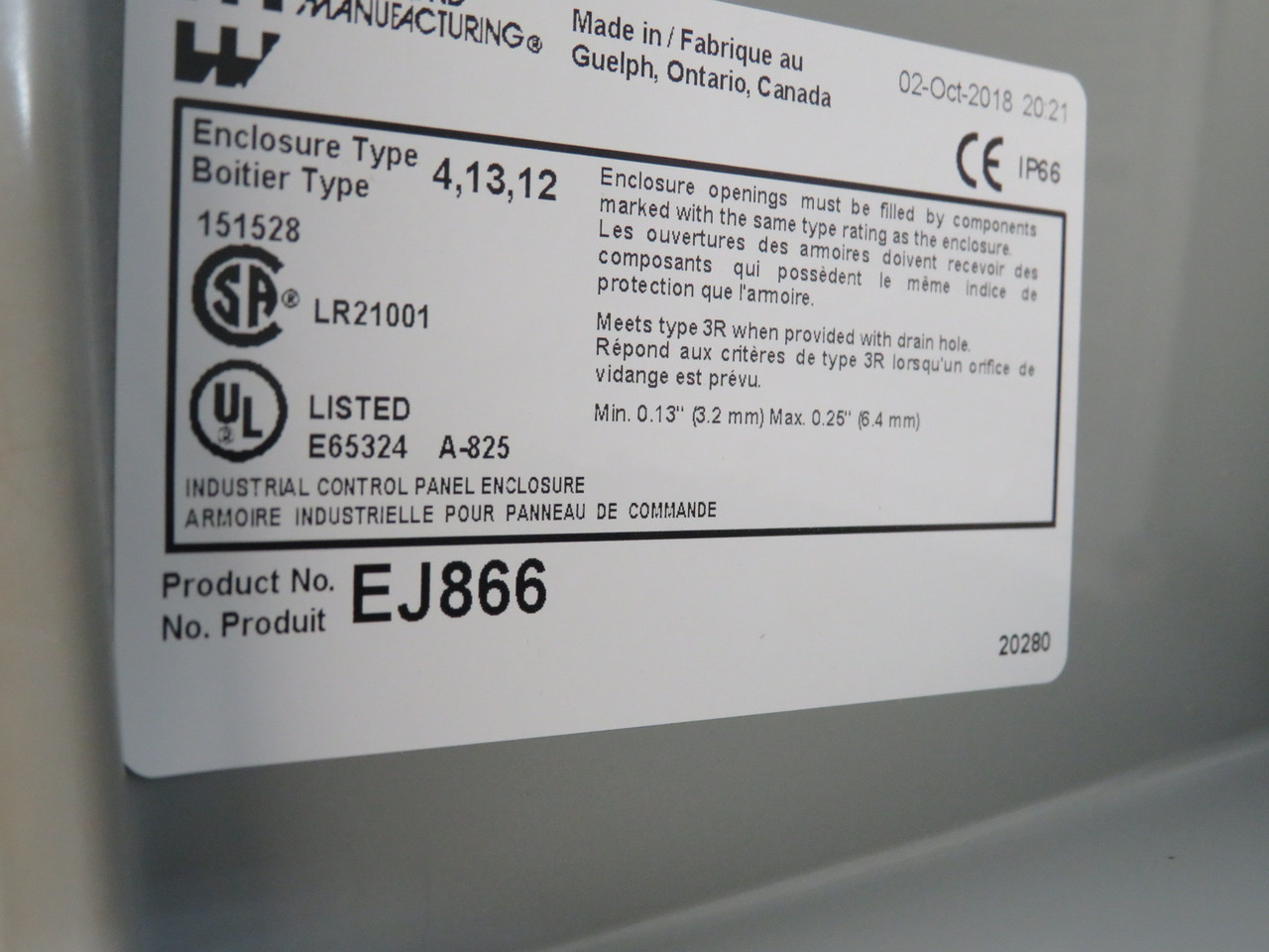 Hammond EJ866 NEMA 4 Steel Enclosure w/Panel 8x6x6" MISSING HARDWARE/BOX DMG NEW