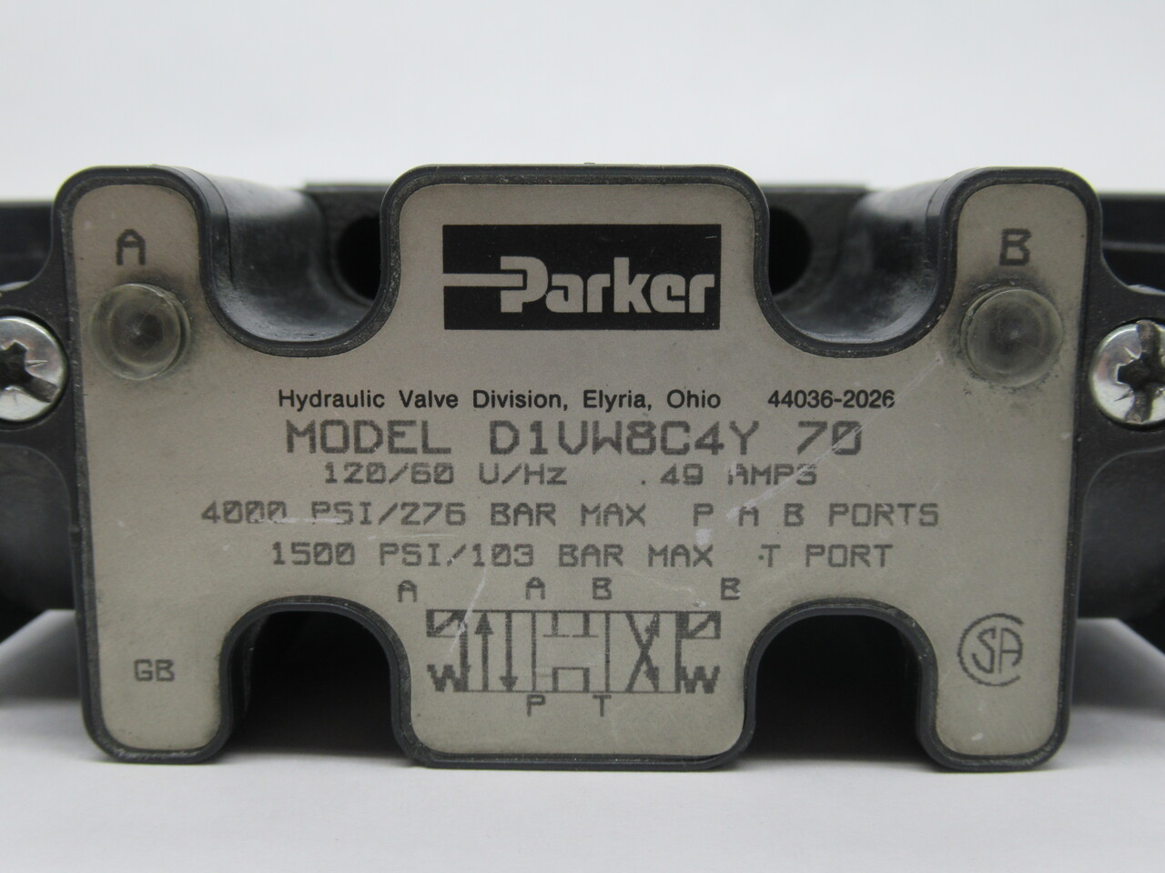 Parker D1VW8C4J-70 Directional Control Valve 24VDC .49A SWAPPED COIL USED