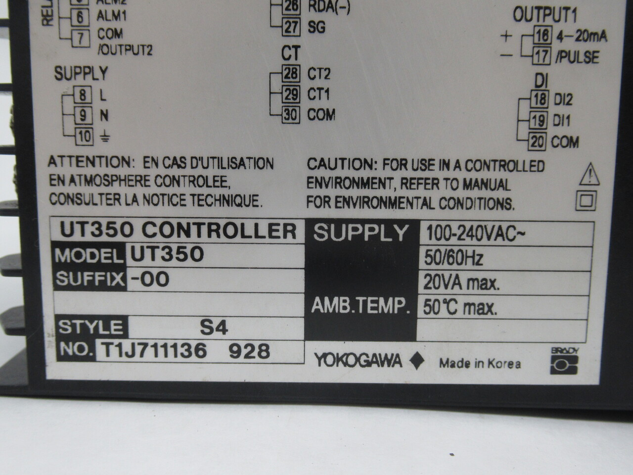 Yokogawa UT350-00 Temperature Controller 100-240V 50/60Hz 20VA USED