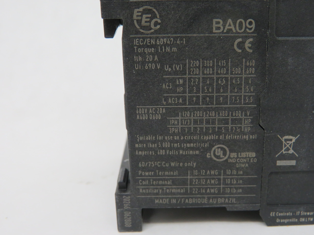 EEC BA09-310-N Mini Contactor 24VDC 1NO 5HP 9A 600V 3P NEW