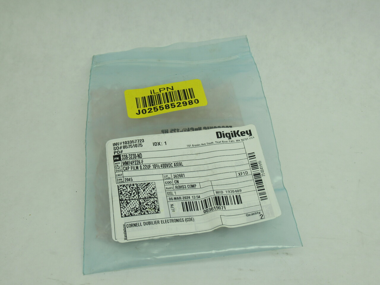 Cornell Dubilier WMF4P22K-F Axial-Leaded Film Capacitor 0.22uF +/-10% 400VDC NWB