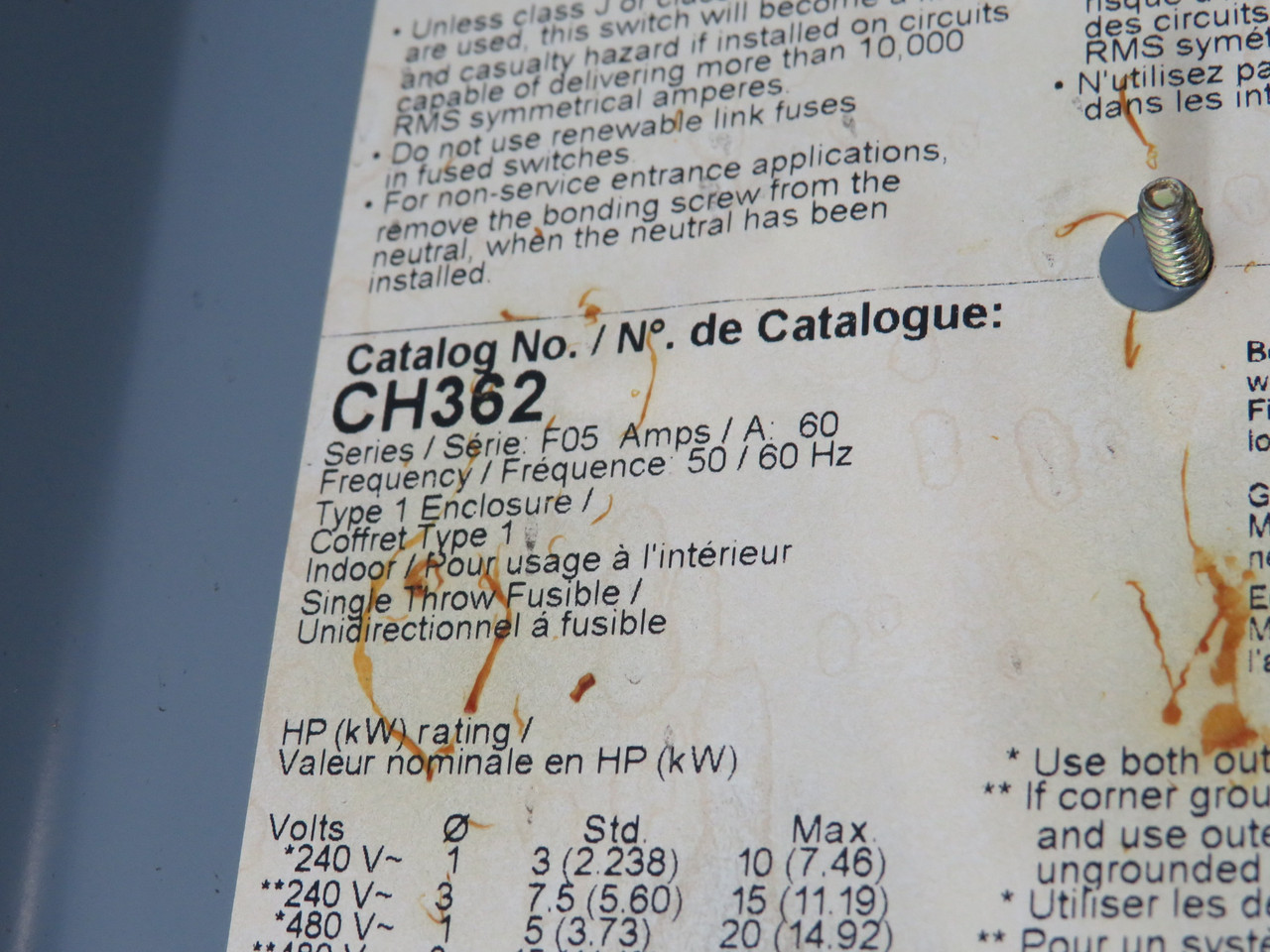 Square D CH362 Ser F05 Fusible Heavy Duty Safety Switch 25HP 60A DENTS USED