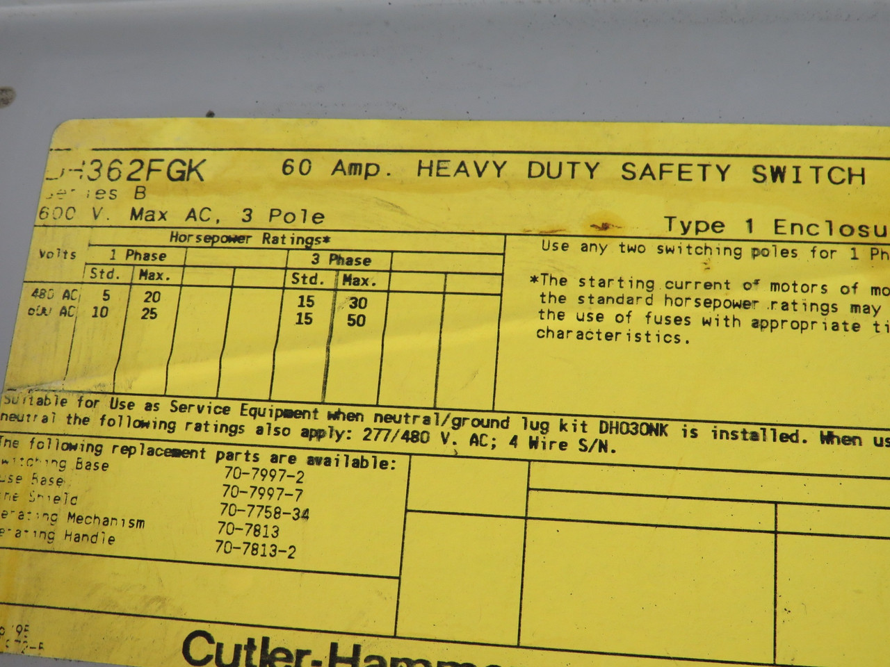 Cutler-Hammer DH362FGK Series B Safety Switch 60A 600VAC 3P 3W FADED LABEL USED