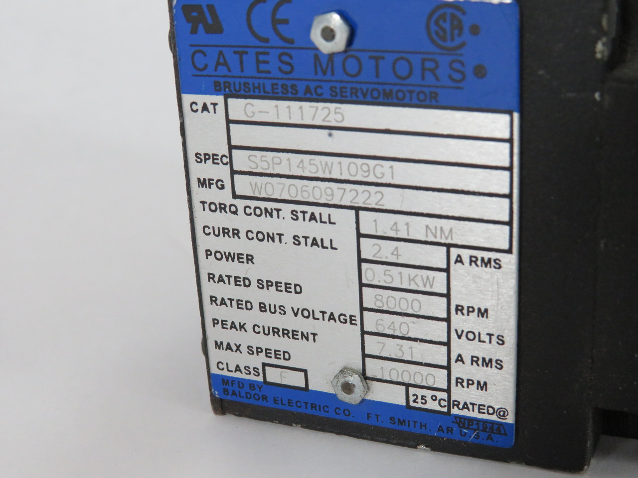 Cates G-111725 Brushless AC Servo Motor 0.51kW 8000/10000rpm 640V COS WEAR USED