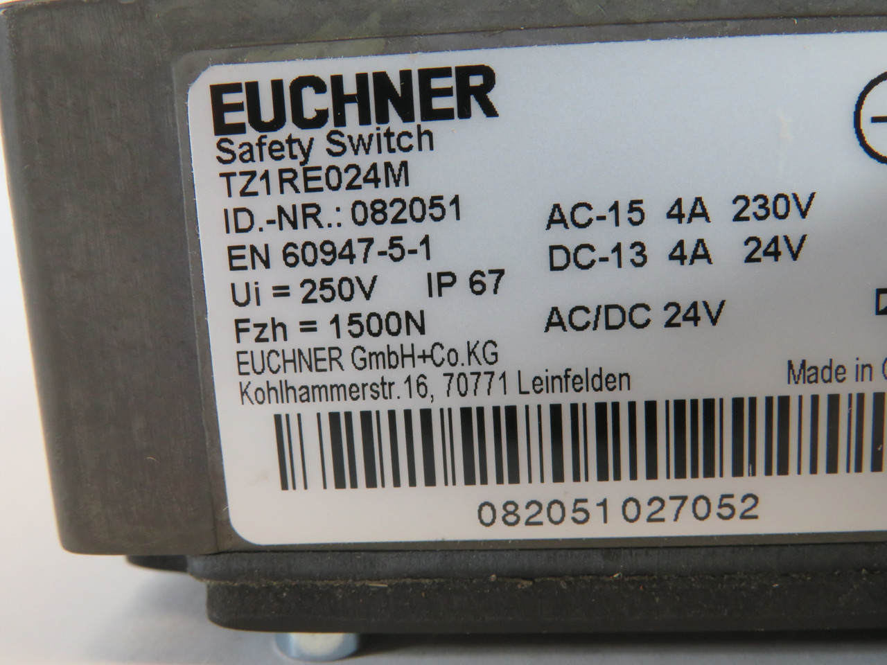 Euchner TZ1RE024M Safety Switch w/LED Indicator M20X1.5 24VAC/DC NO KEY USED