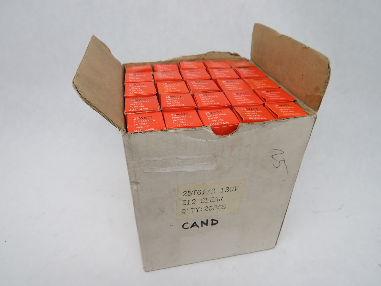 Tamko Inc. 25T61/2-130V Candelabra Tubular Bulb 130V 25W 25Pk DMG BOX NEW