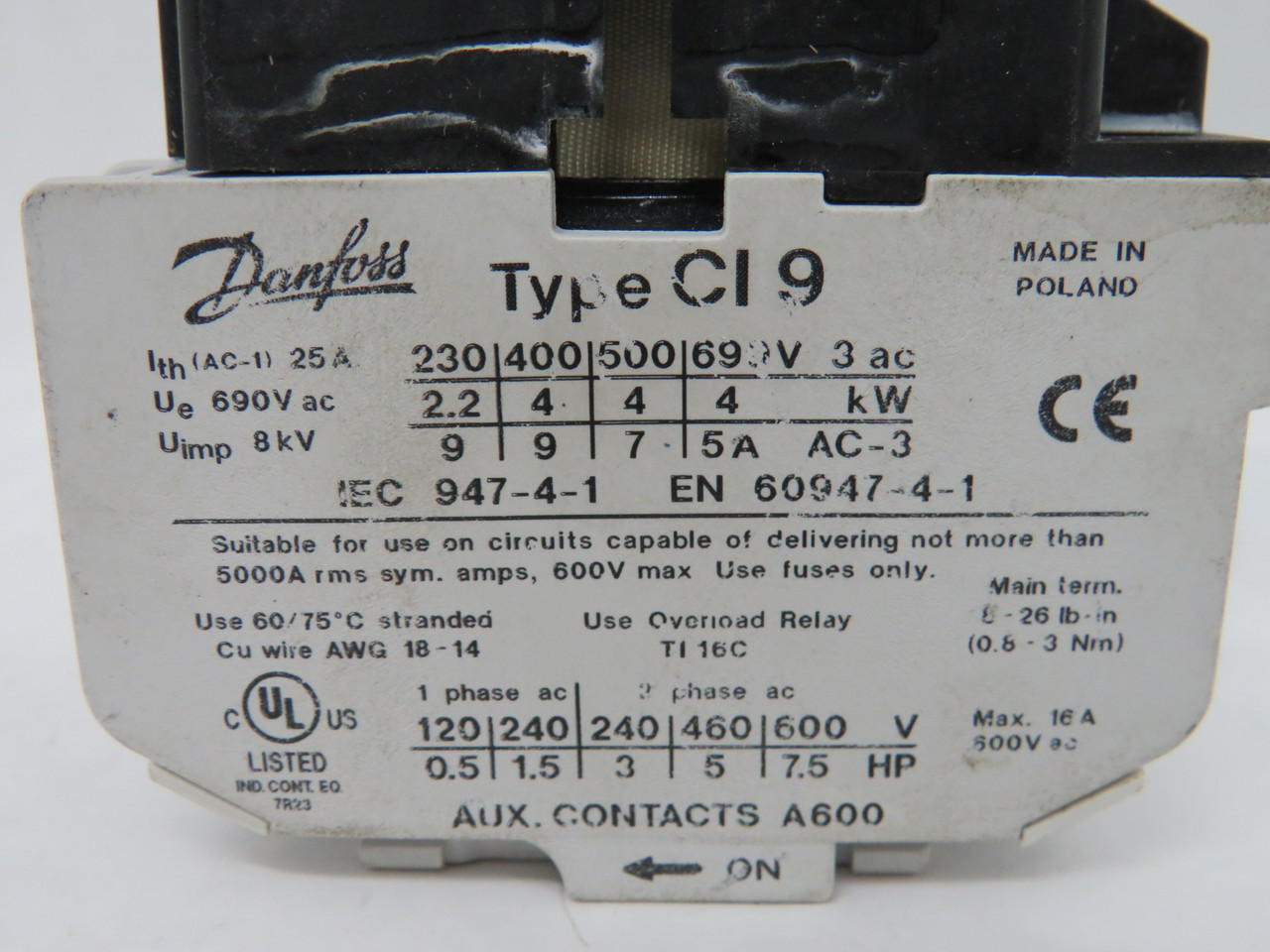 Danfoss 037H0021-23 CI 9 Contactor 110V 50/60Hz 25A 3 Pole 3NO USED