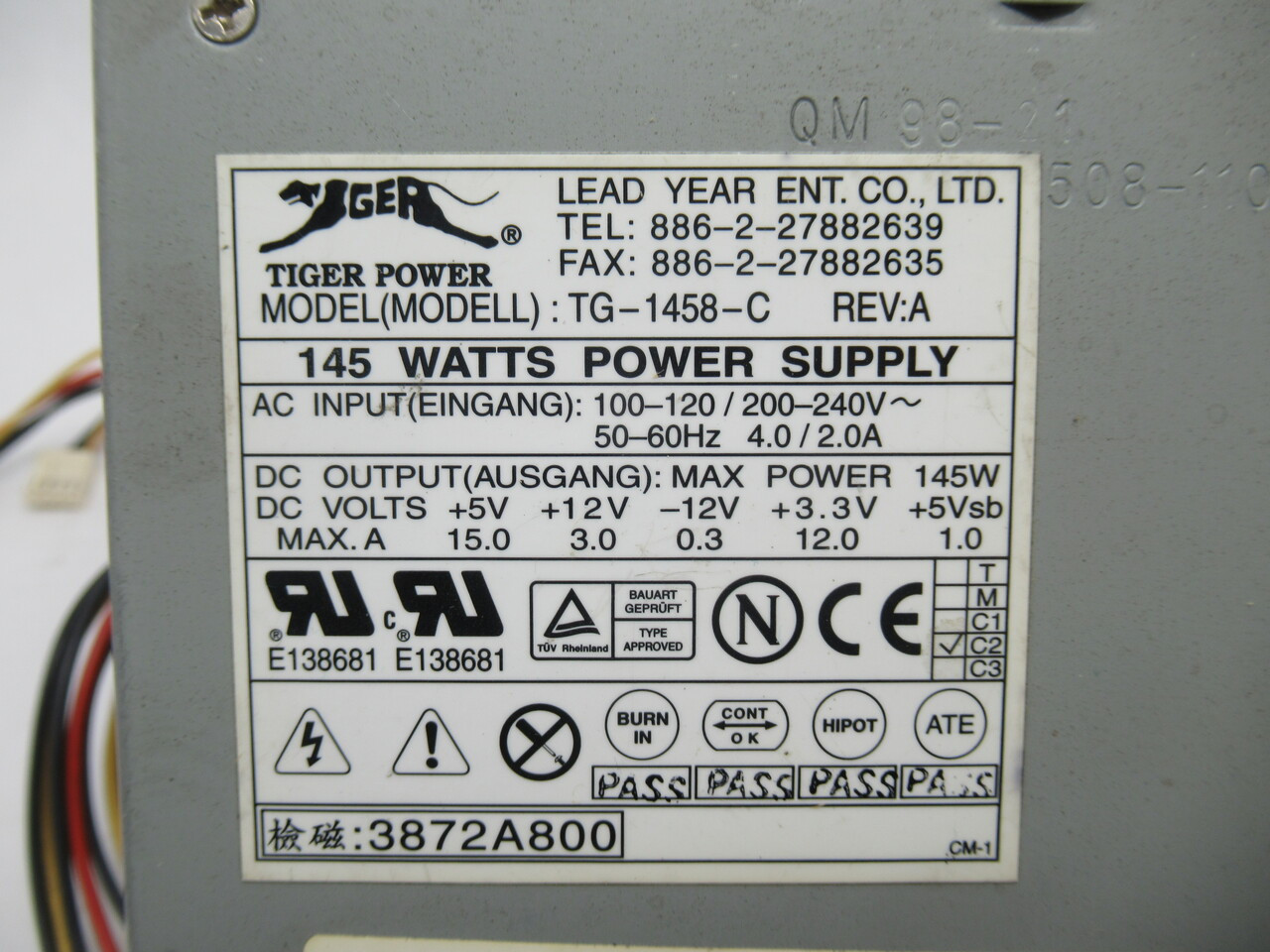 Tiger TG-1458-C Computer Power Supply 145W 12VDC 5VDC 3.3VDC USED