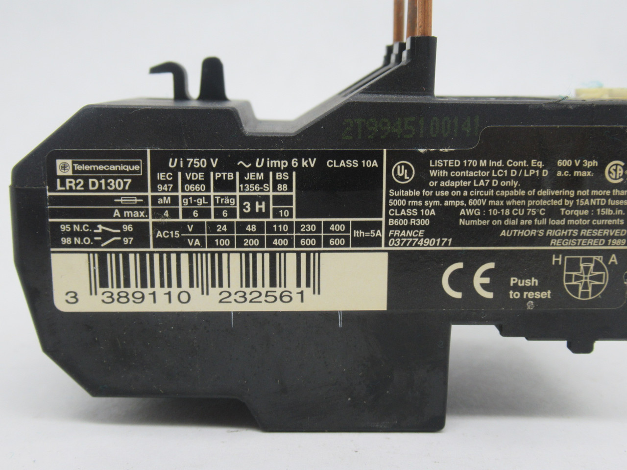 Telemecanique LR2-D1307 Overload Relay 1.6-2.5A MISSING TERMINAL GUARD USED