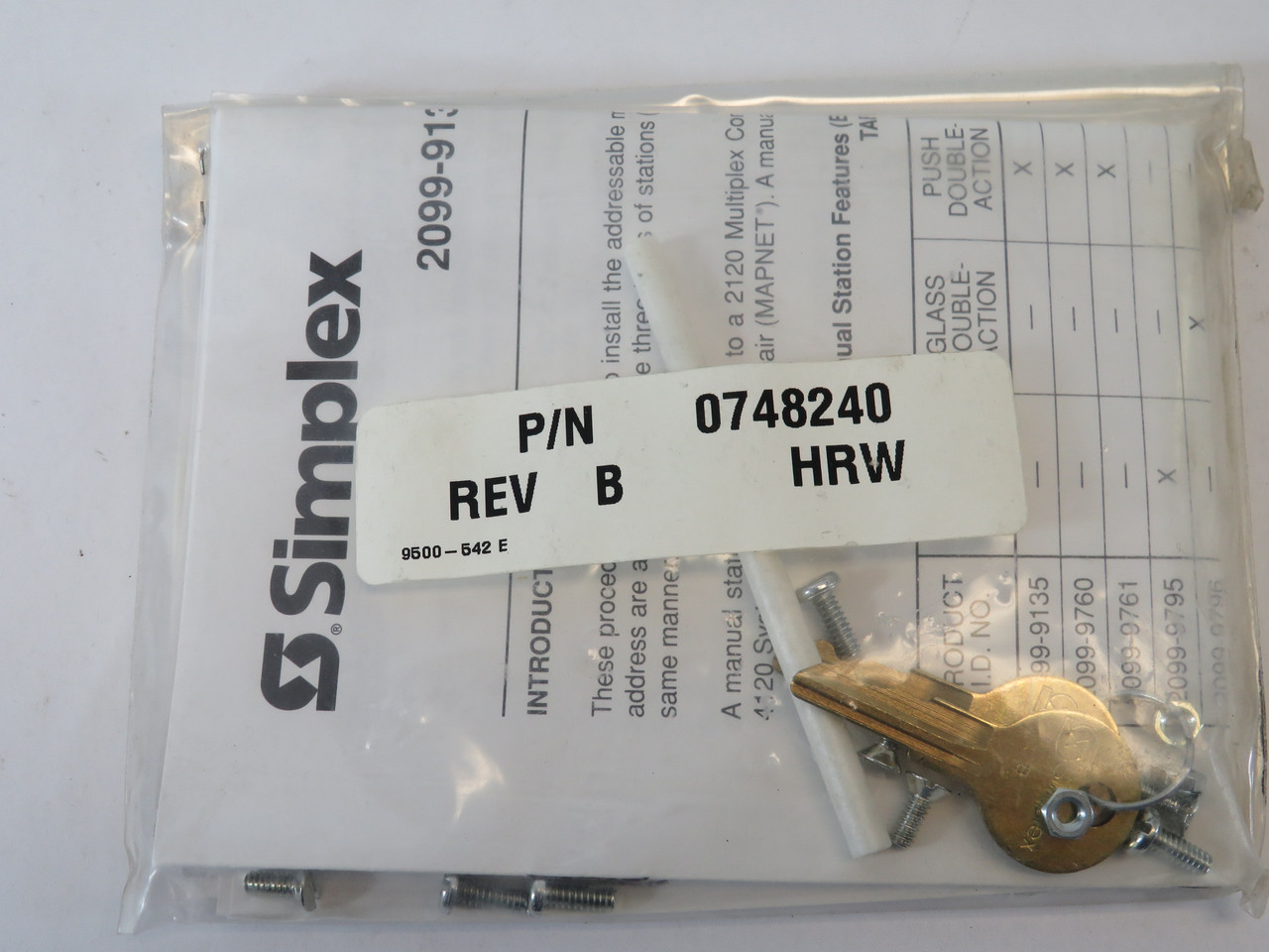 Simplex 0748240 Rev. B Replacement Hardware & Keys for Action Station NWB
