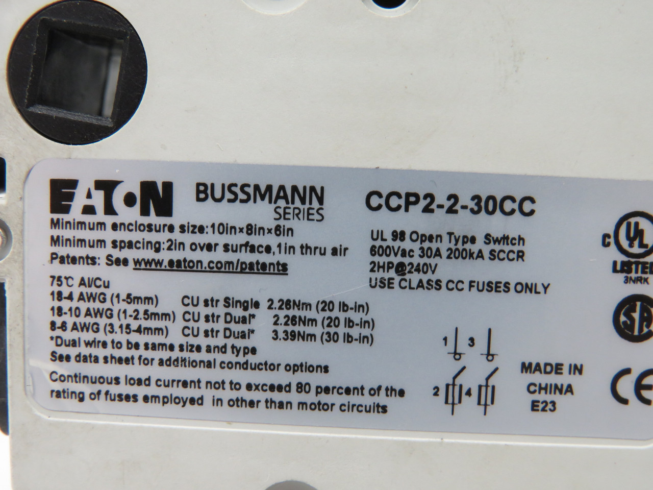 Eaton CCP2-2-30CC Bussmann Fuse Holder 30A 600VAC 50-60Hz 2Pole USED