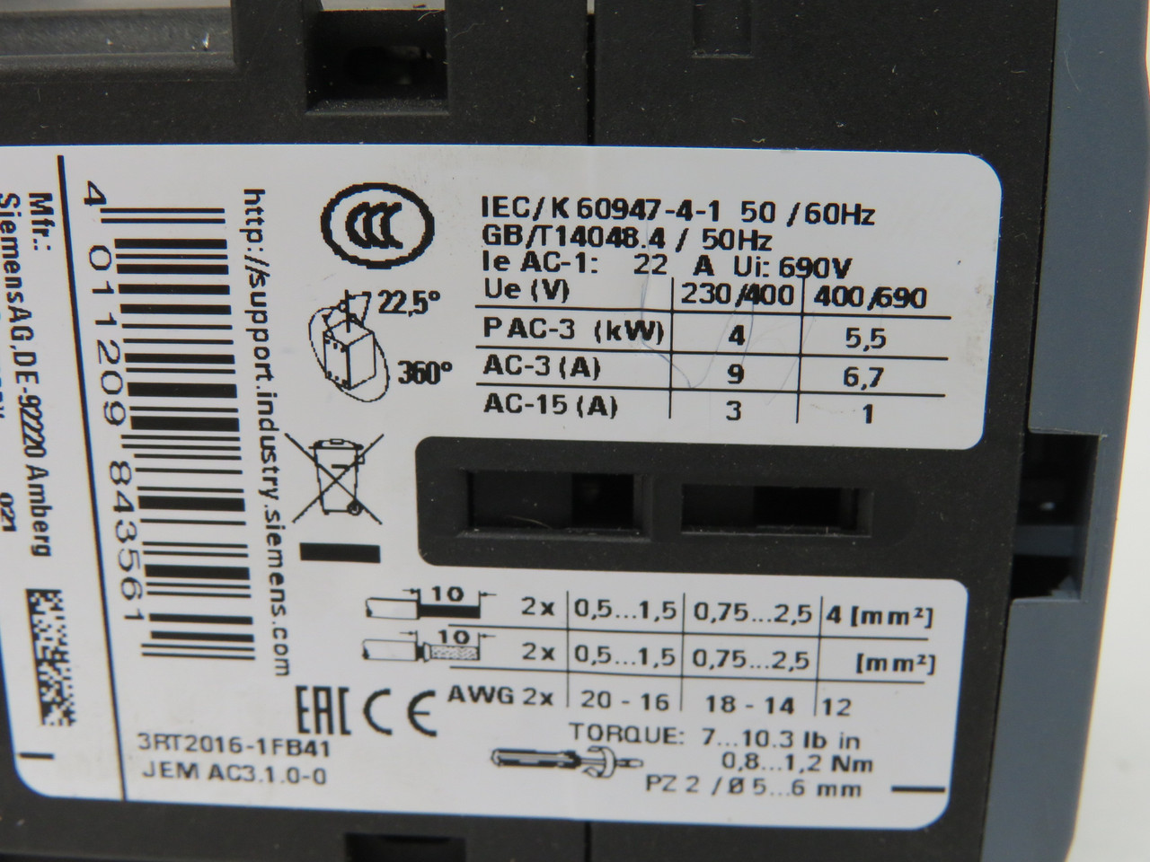 Siemens 3RT2016-1FB41 Contactor 22A 24VDC 4kW 400V 1NO 3Pole USED