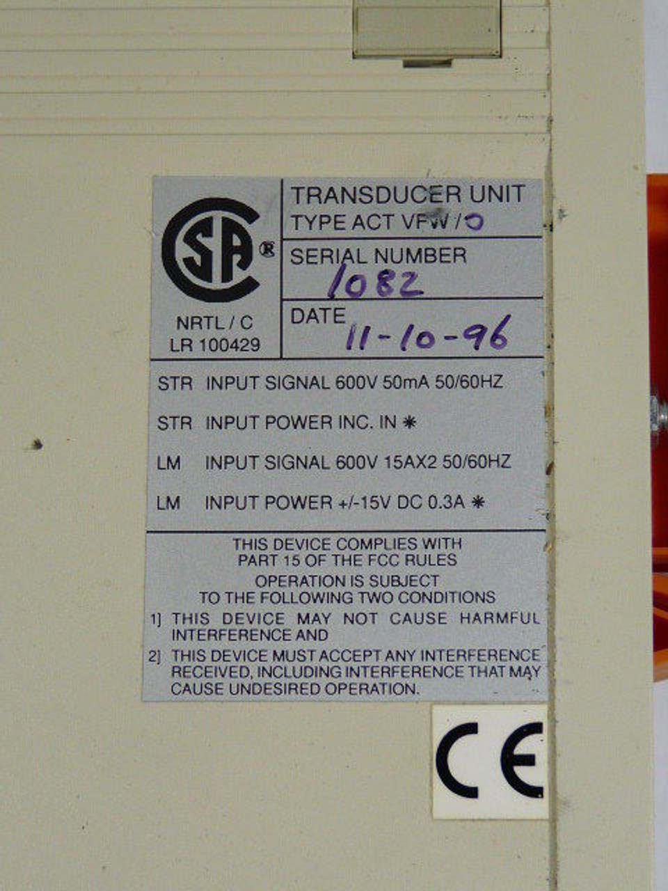 Deemstop ACT-VFW/0 Transducer 600VAC 15AMP 50/60Hz USED