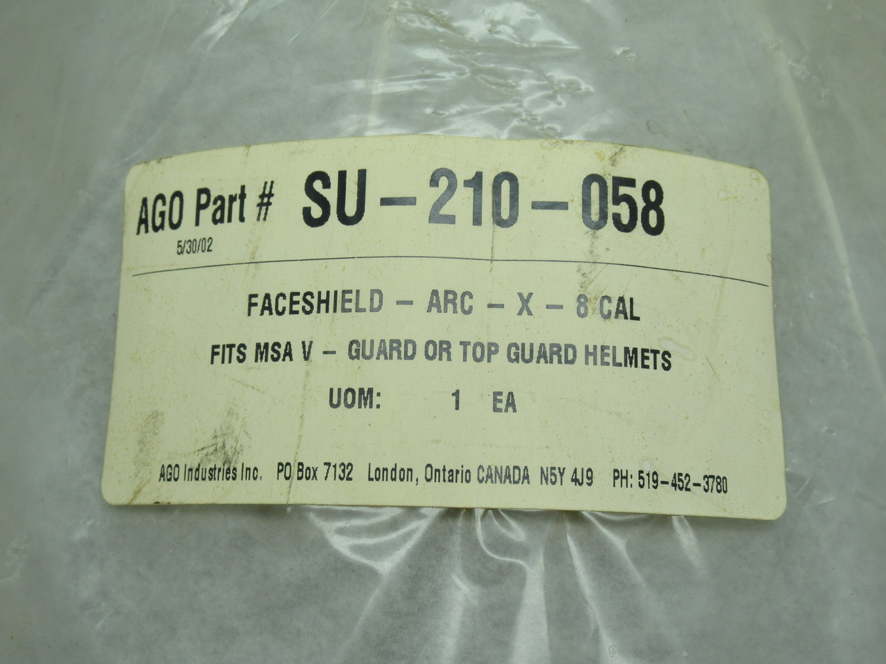 AGO SU-210-058 Arc Faceshield 8 Cal RIPPED BAG NWB