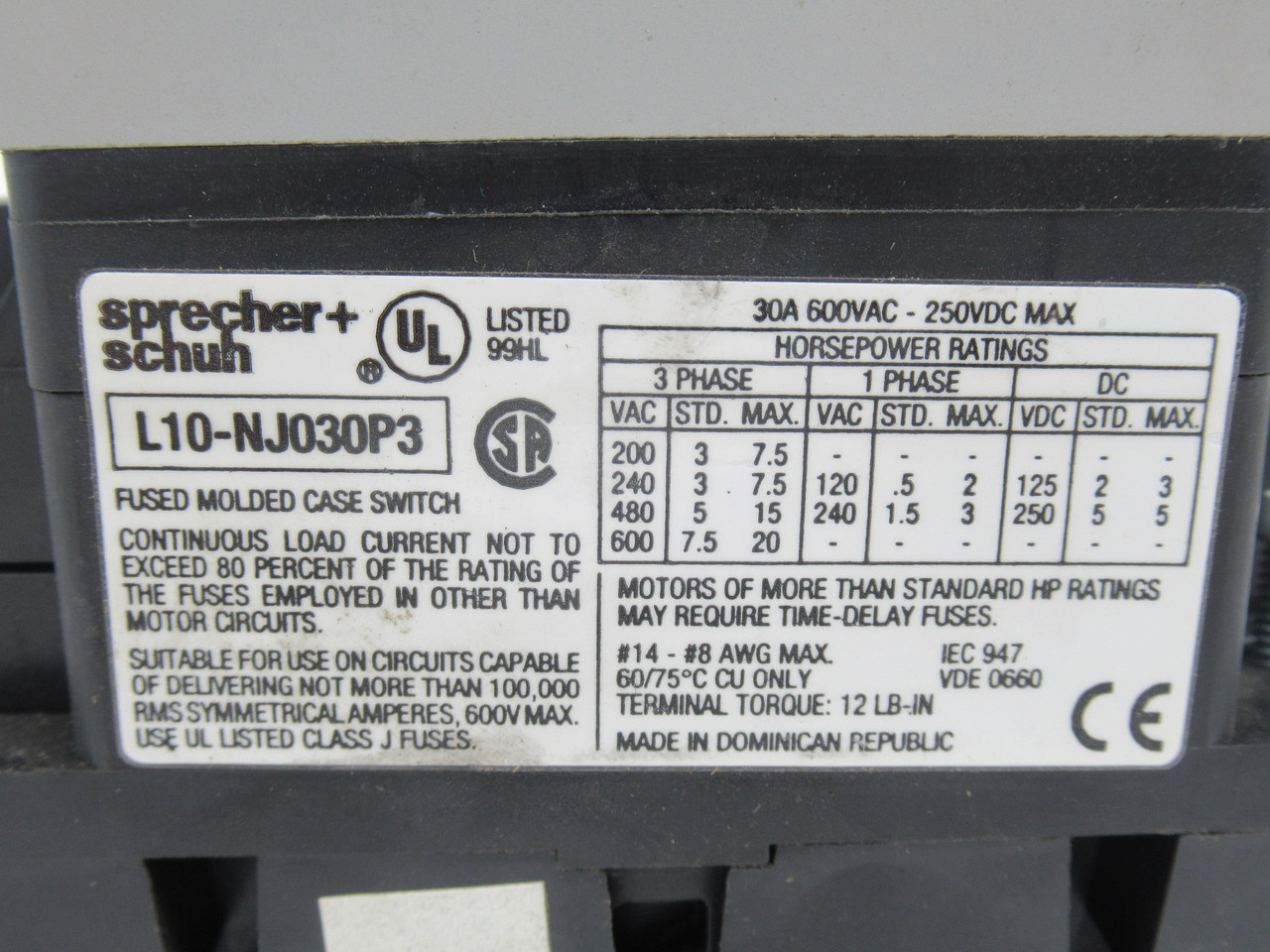 Sprecher + Schuh L10-NJ030P3 Rotary Disconnect Switch 30A 600V 4.75" Shaft USED