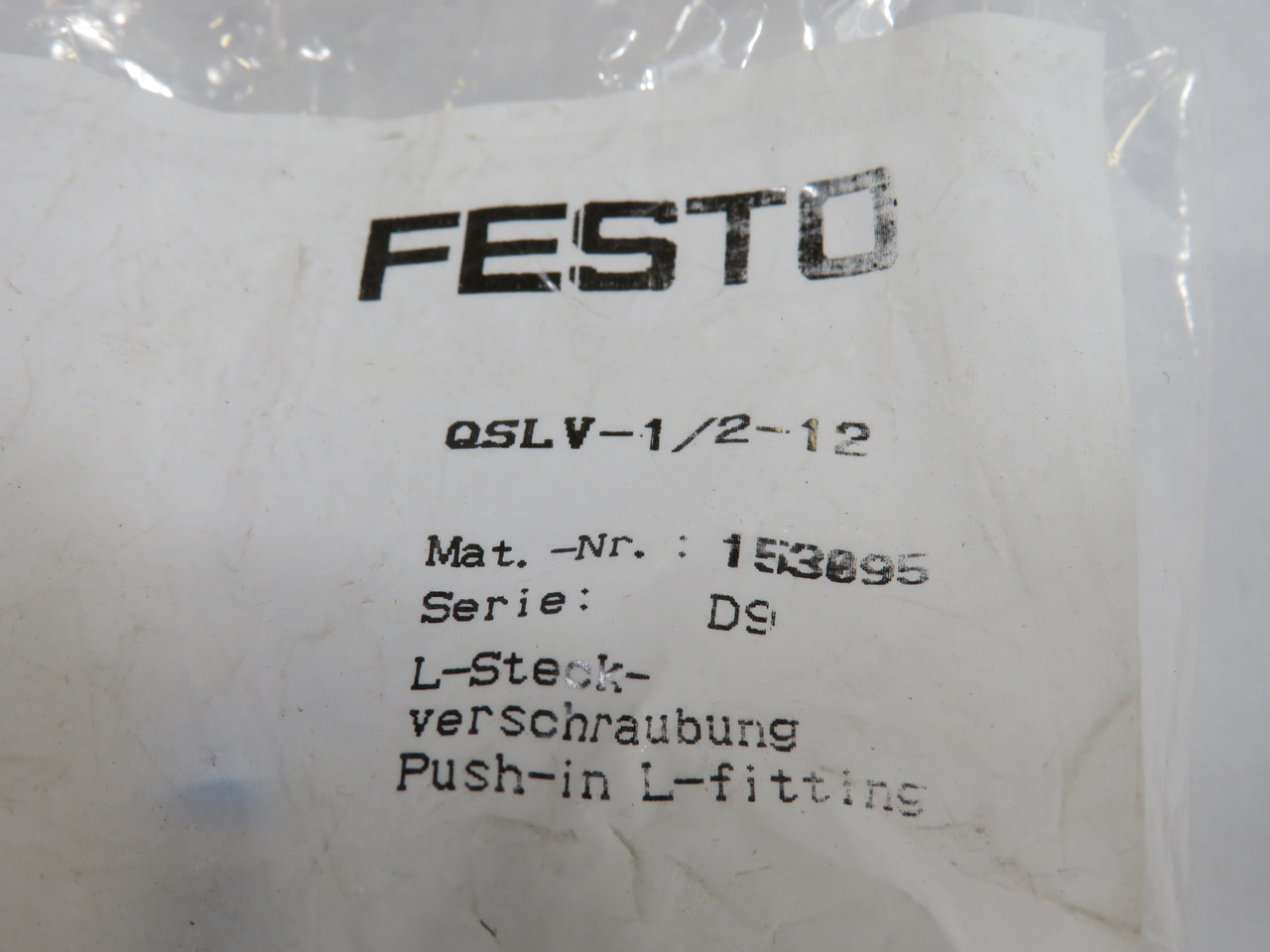 Festo 153095 QSLV-1/2-12 Push-In L-Fitting R1/2" Thread 12mm Tube OD NWB