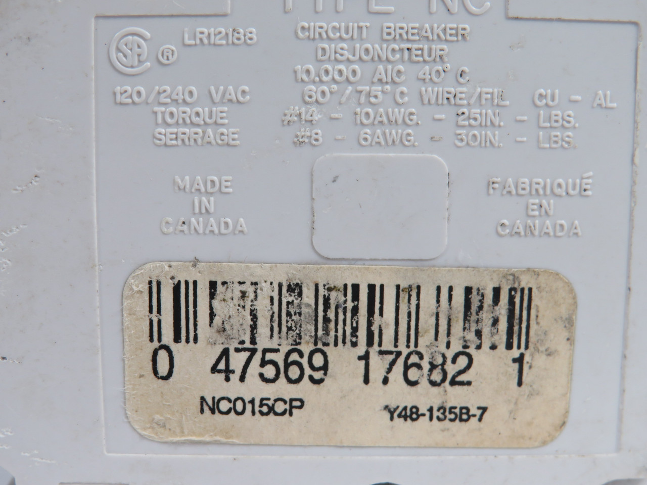 Federal Pioneer NC015CP Circuit Breaker 15A 120/240V 1-Pole SHELF WEAR USED