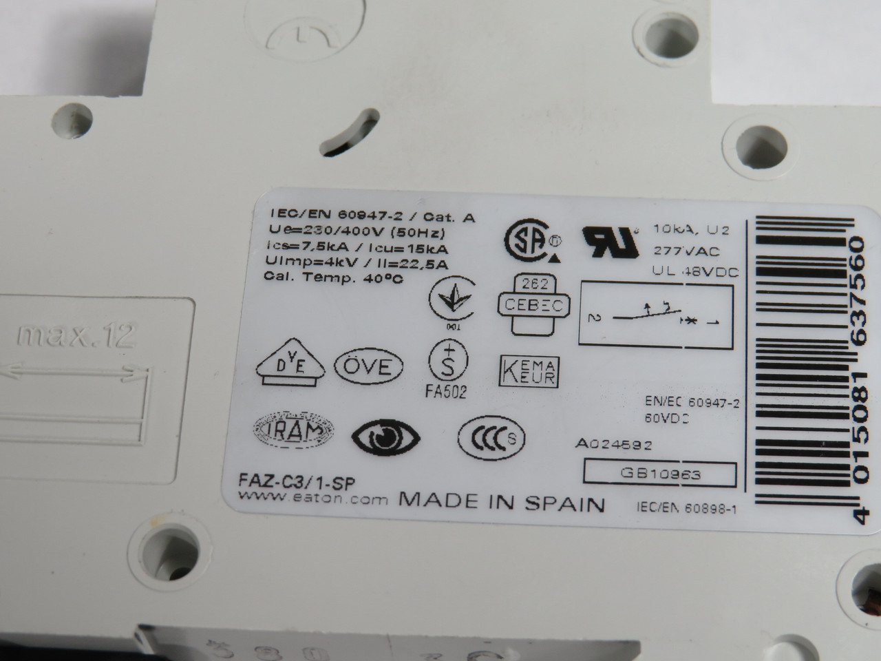Eaton FAZ-C3/1-SP Miniature Circuit Breaker 3A 277VAC 48VDC 1-Pole USED