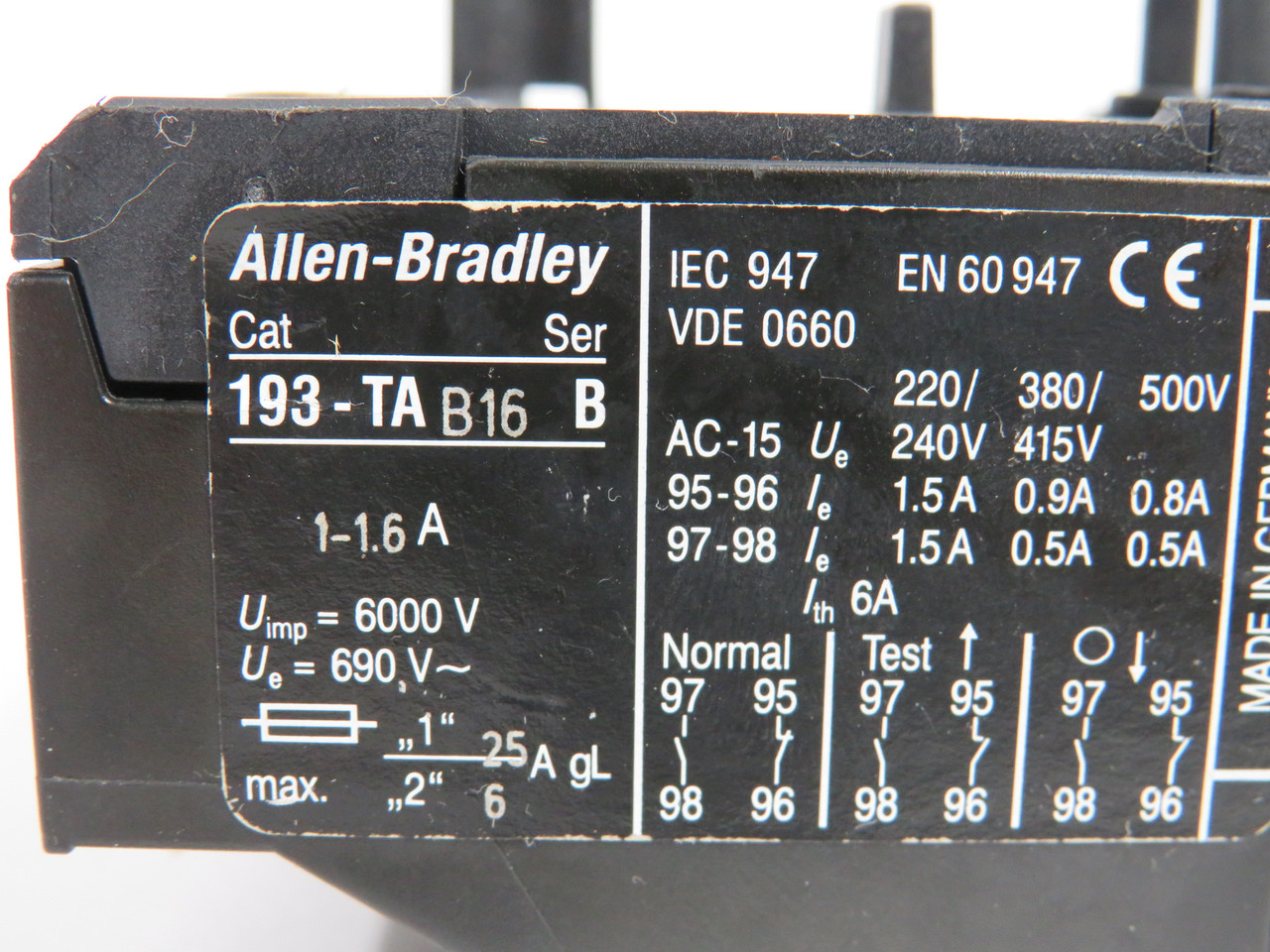 Allen-Bradley 193-TAB16 Series B Bimetallic Overload Relay 1.0-1.6A USED