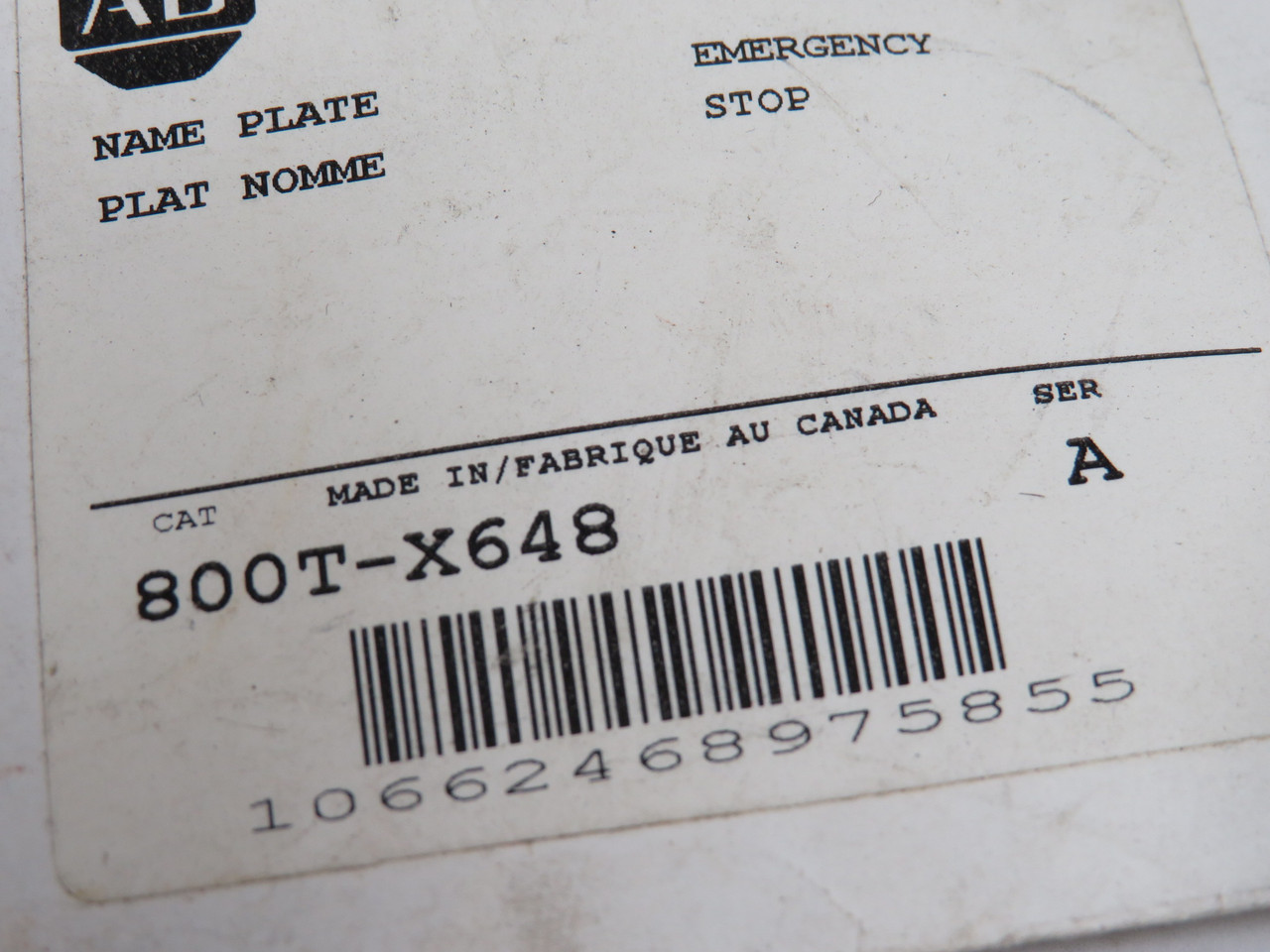 Allen-Bradley 800T-X648 Series A Legend Plate "Emergency Stop" Red Metal NWB