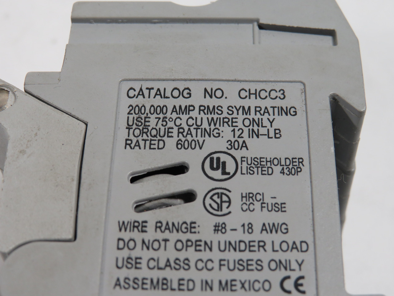 Bussmann CHCC3 Fuse Block 30AMP 600VAC 3P Class CC Power Safe USED