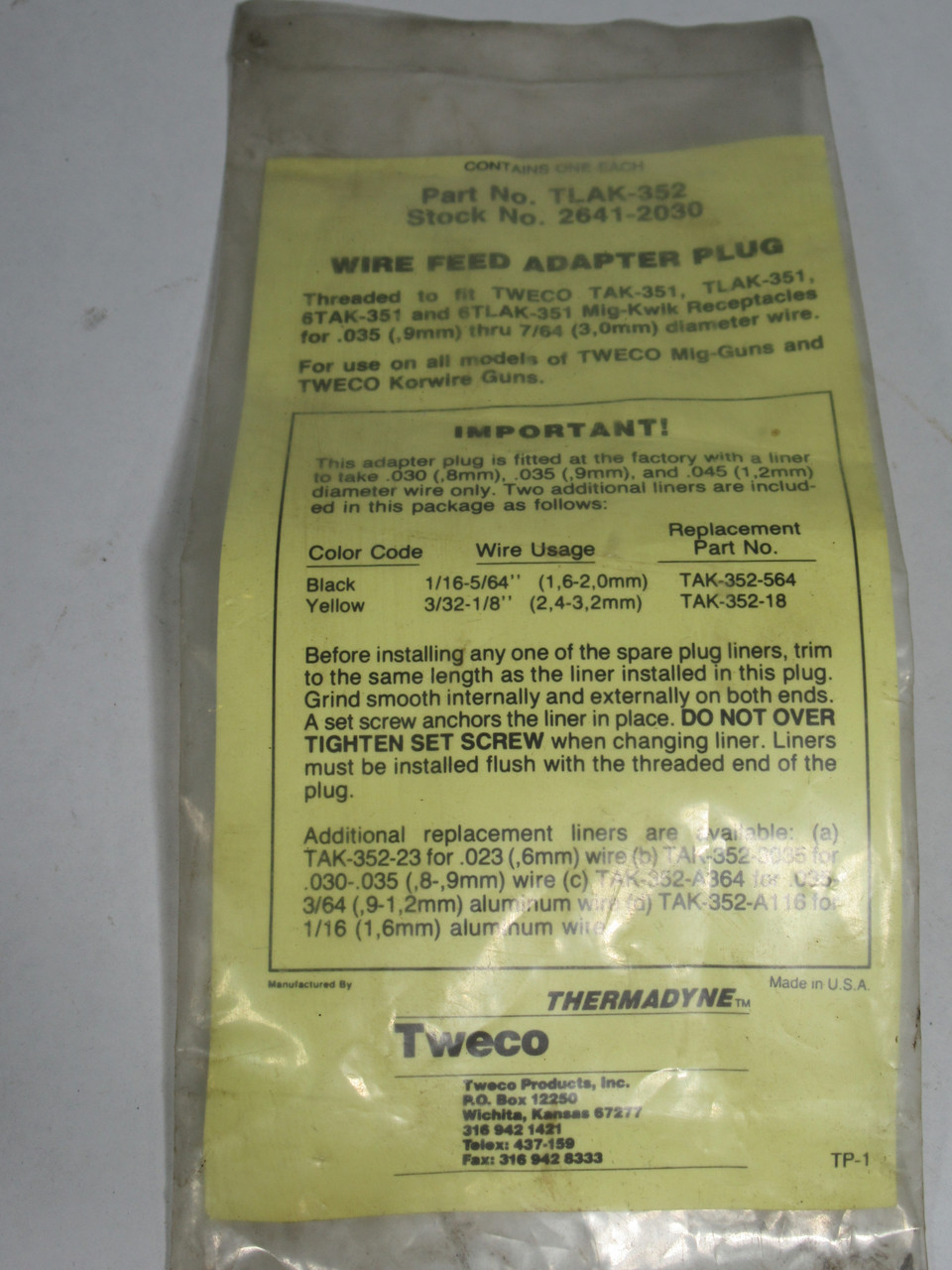 Tweco TLAK352 Wire Feed Adapter Plug Missing Liners ! NWB !