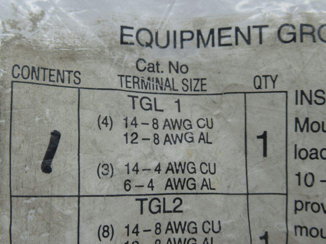 General Electric TGL1 Equipment Ground Kit NWB