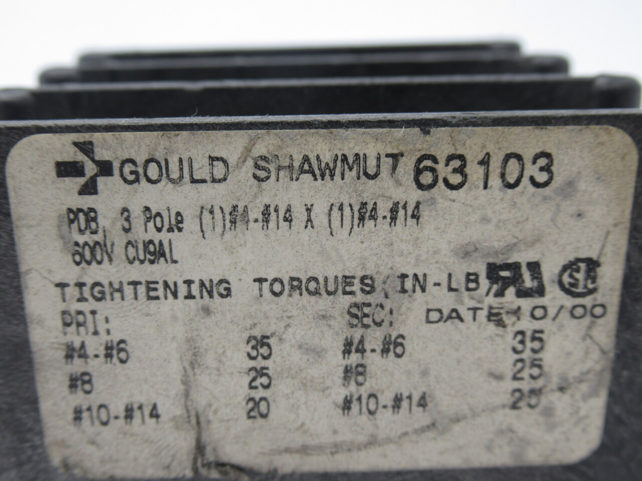 Gould Shawmut 63103 Fuse Distribution Block 3-Pole 600V USED