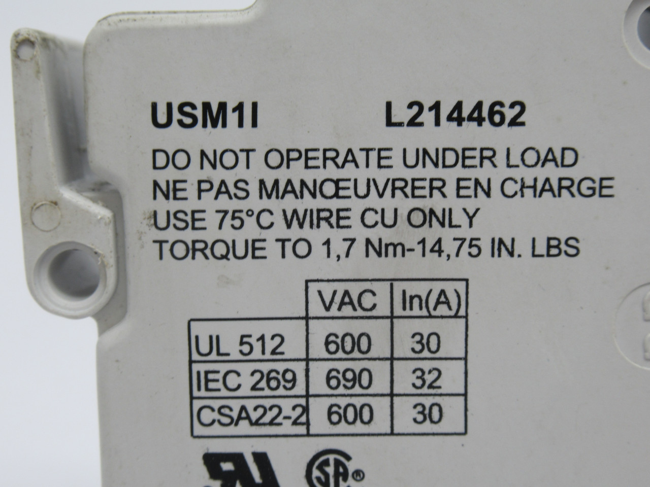 Ferraz Shawmut USM1I Ultrasafe Fuse Holder 1-Pole 600V@30A 690V@32A USED