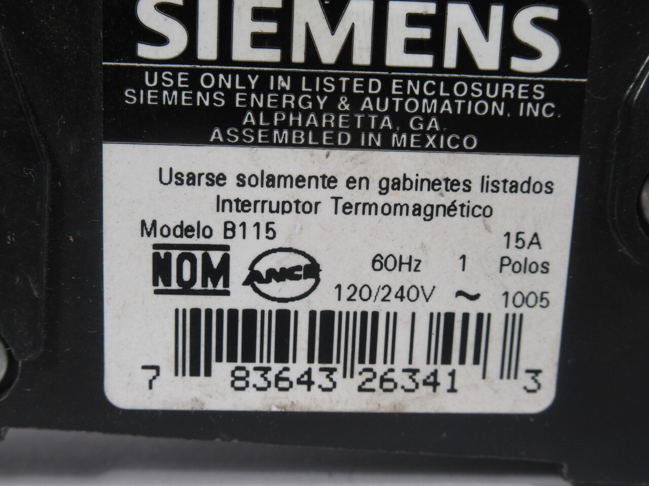 Siemens B115 Branch Circuit Breaker 15A 120/240V 1-Pole 60Hz USED